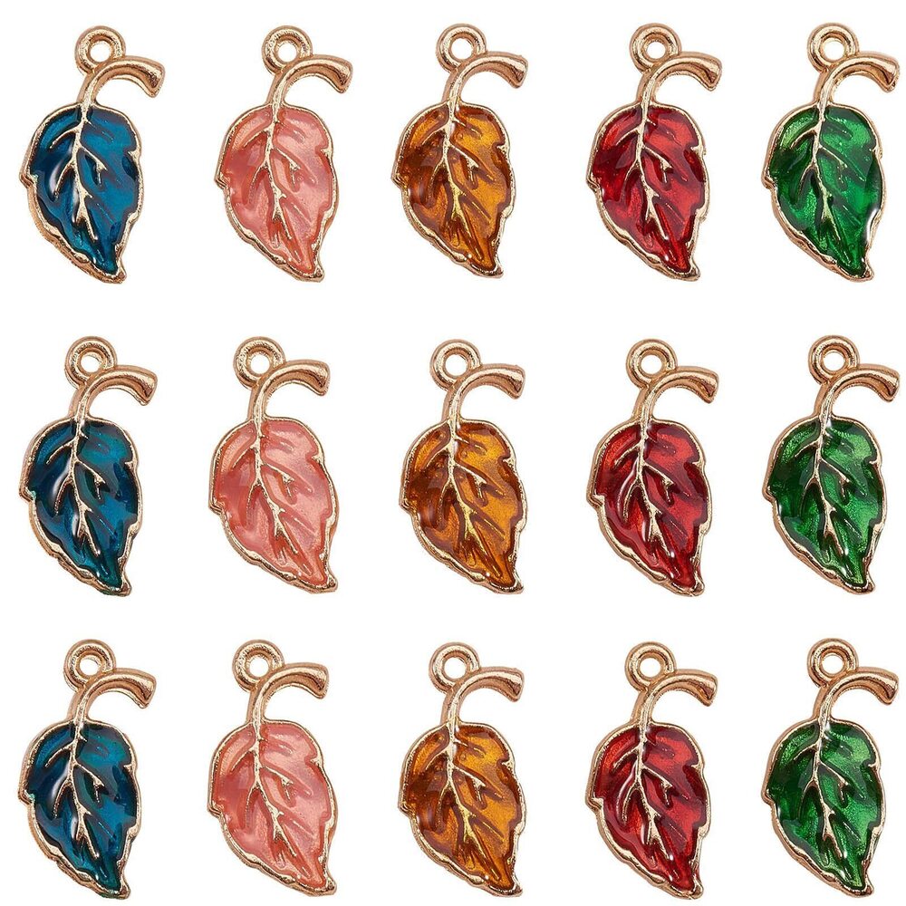 4842 60pcs Alloy Enamel Leaf Charms Pendants Gold Plated Tree Leaf Charms
